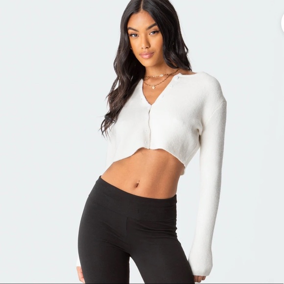 Cropped cardigan sweater long sleeve white - Picture 2 of 5